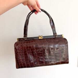 Vintage Escort Genuine LeatherAlligator Skin Gold-Tone Purse Handbag Brown